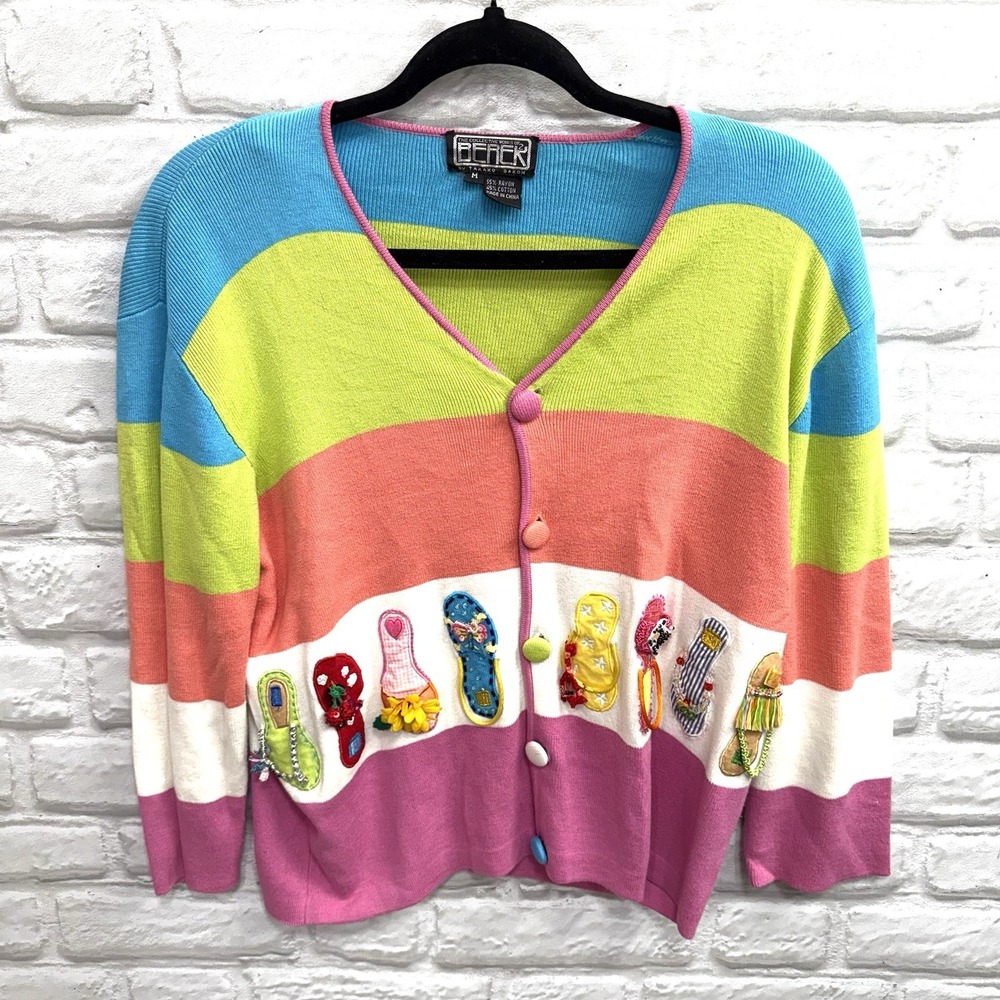 Vintage Berek Sweater Takako Sakon Flip Flop Embellished Cardigan Womens‎ Medium